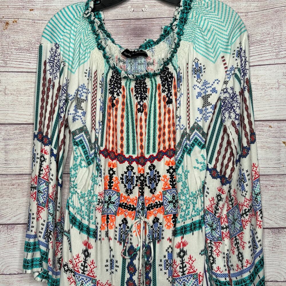 Hemant & Nandita Boho Off Sholder Embroidered Tassel Smocked Mini Dress Medium - Picture 3 of 15